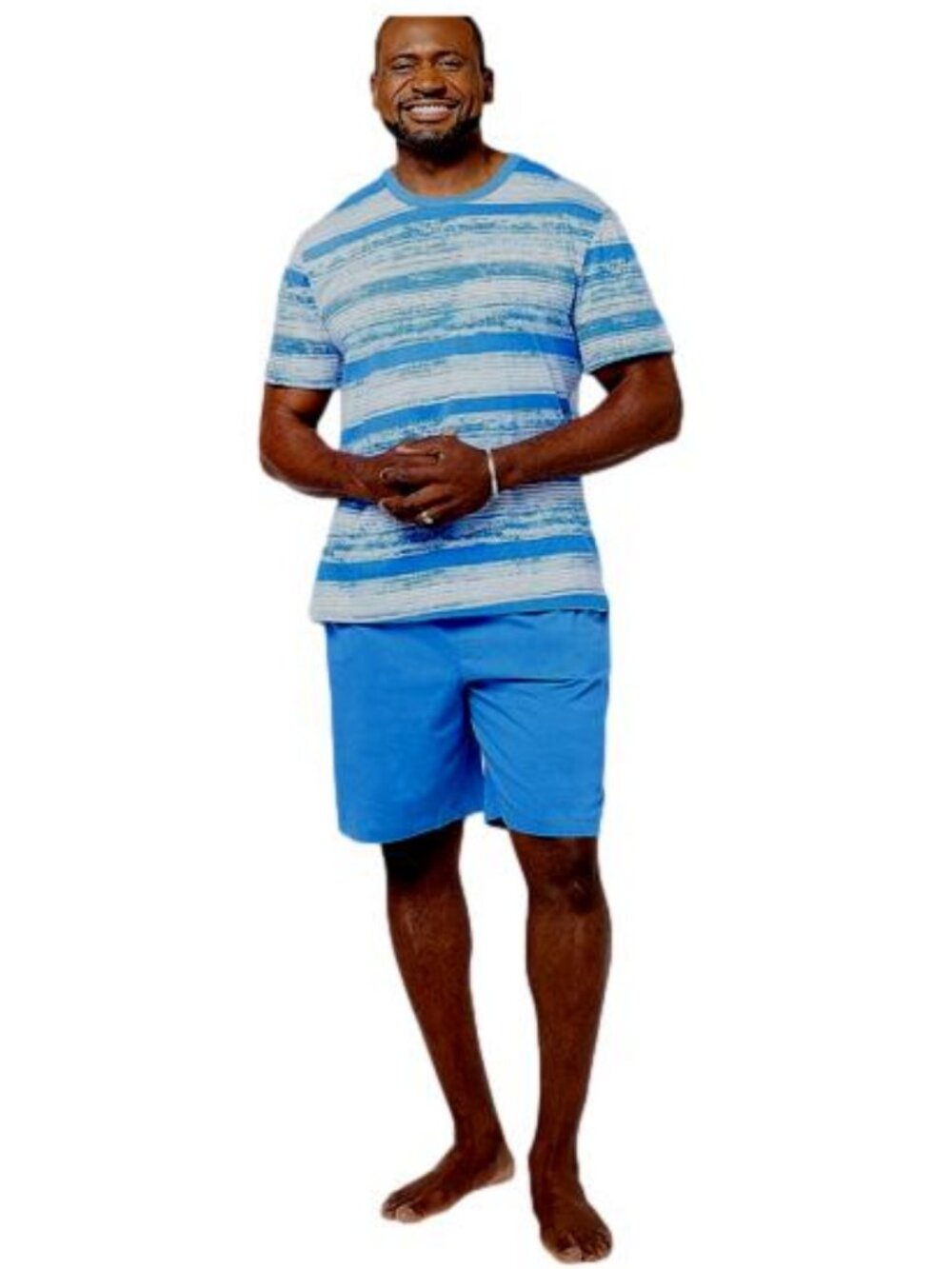 Stan Herman Men's 2-Piece Cotton Tee & Shorts Sleep Set Blue Stripes/Solid SMALL